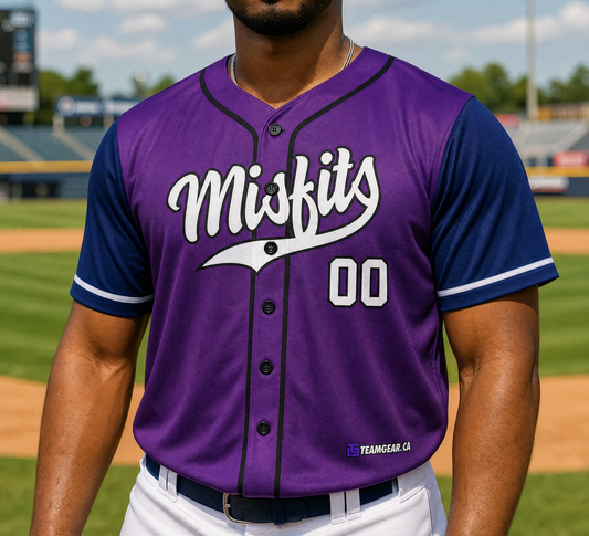 Misfits Purple Baseball Jersey Full Button — custom baseball jersey worn on model — TeamGear Canada