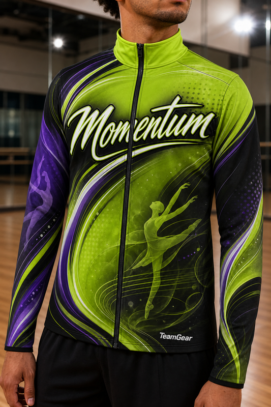 Momentum Lime Dance Jacket — custom dance jacket worn on model — TeamGear Canada