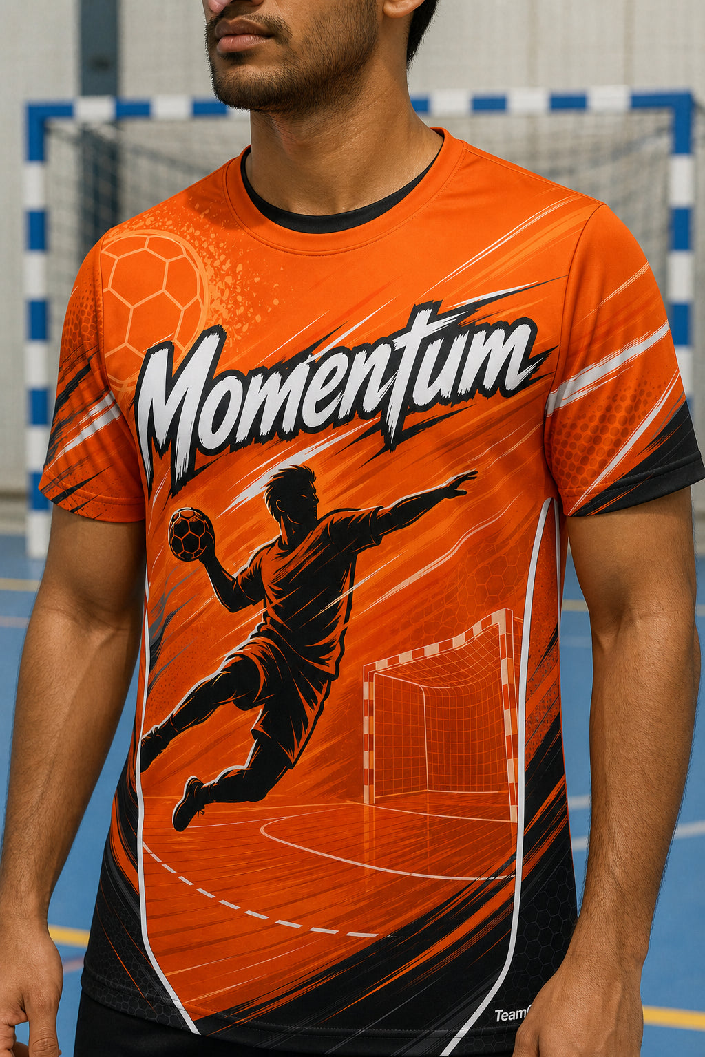 Momentum Orange Handball Jersey — custom handball jersey worn on model — TeamGear Canada