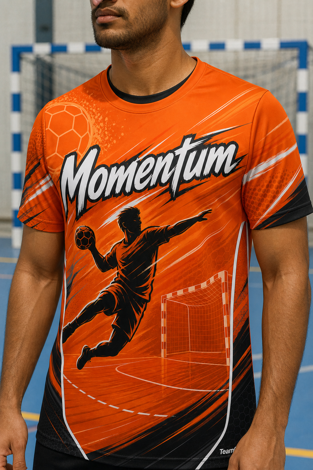 Momentum Orange Handball Jersey — custom handball jersey worn on model — TeamGear Canada