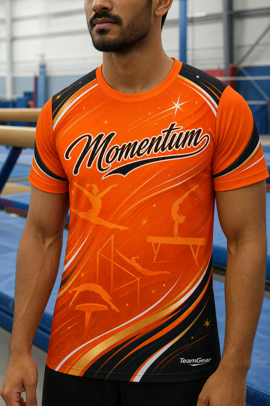 Momentum Orange Gymnastics Jersey — custom gymnastics jersey worn on model — TeamGear Canada
