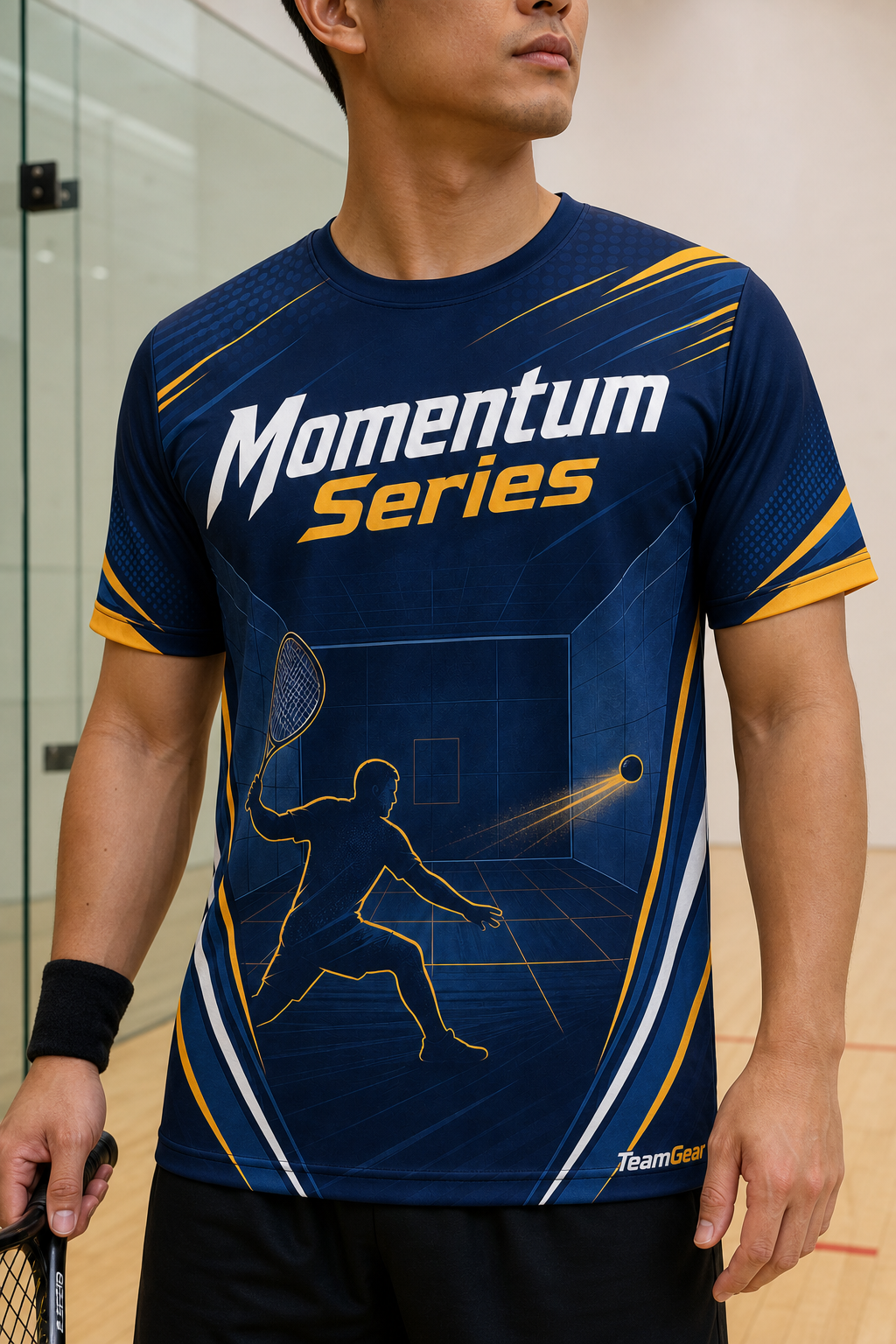 Momentum Series Navy Racquetball Jersey — custom racquetball jersey worn on model — TeamGear Canada