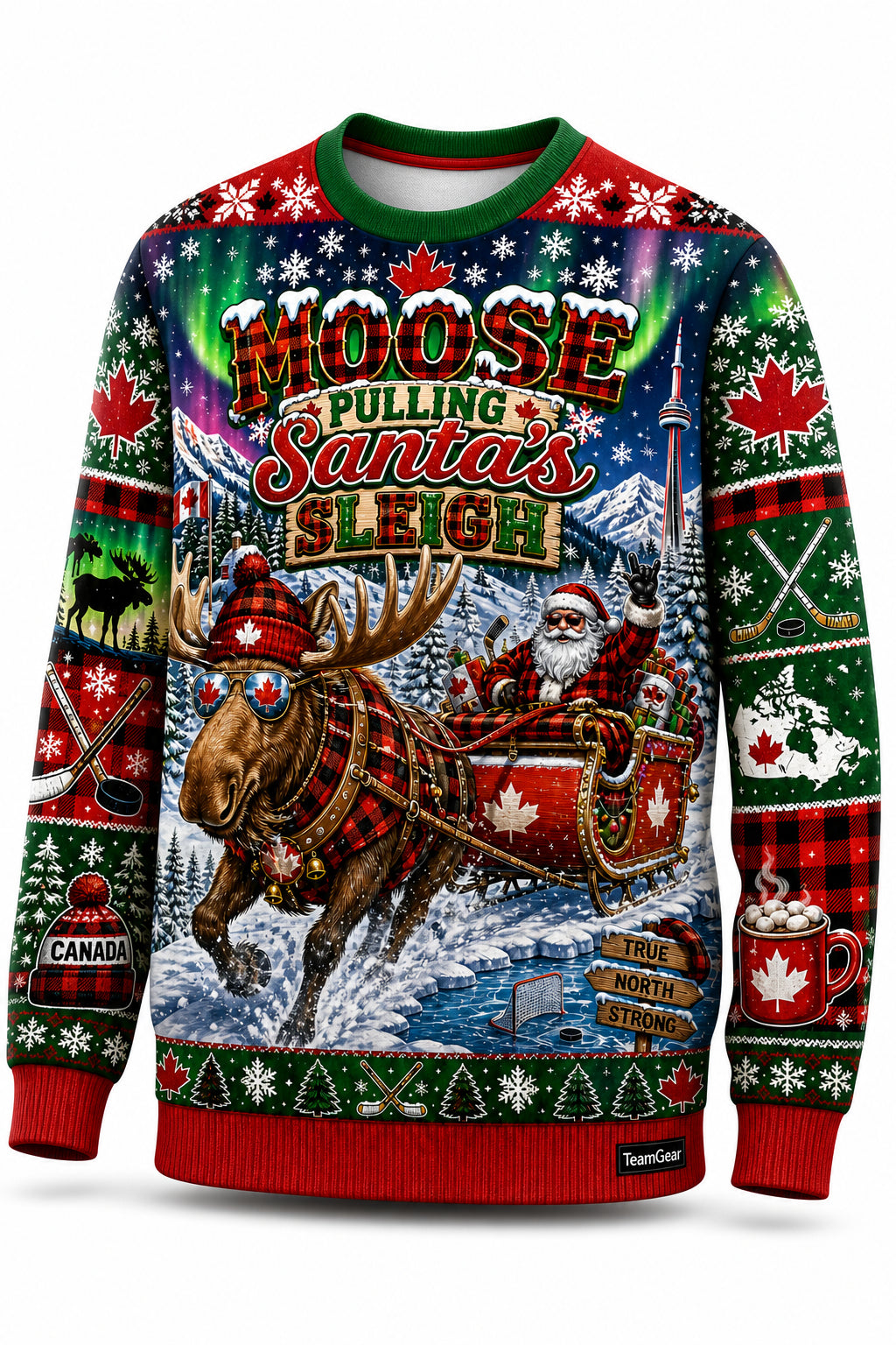 Moose Pulling Santa's Sleigh Ugly Christmas Sweater - front and back view