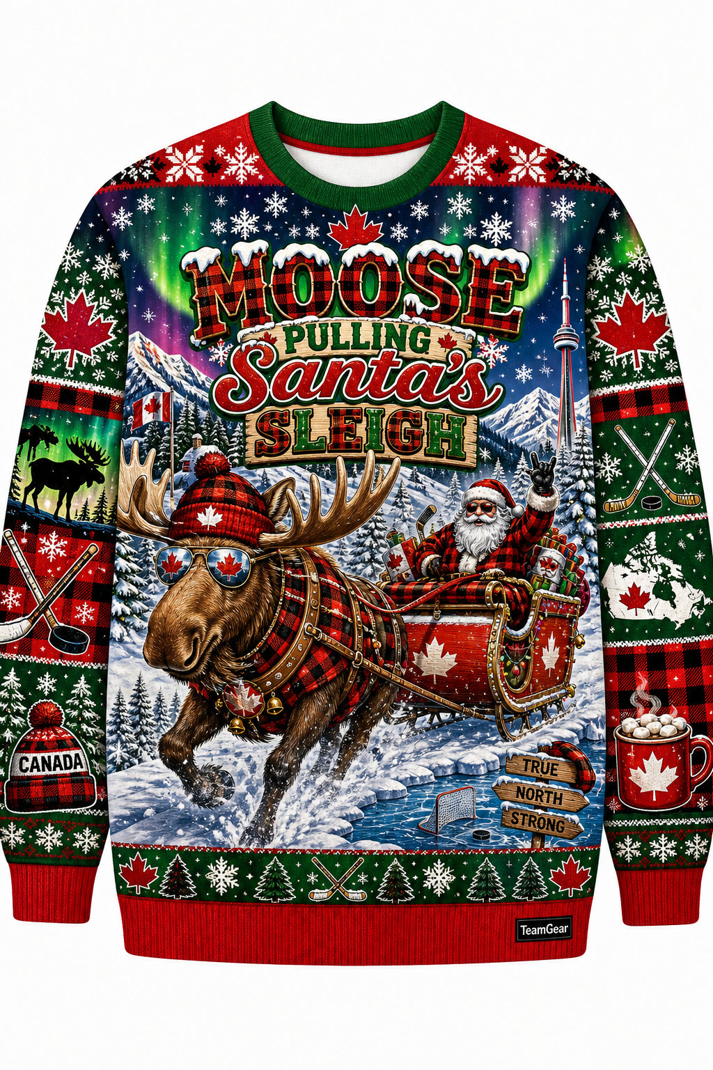 Moose Pulling Santa's Sleigh Ugly Christmas Sweater design