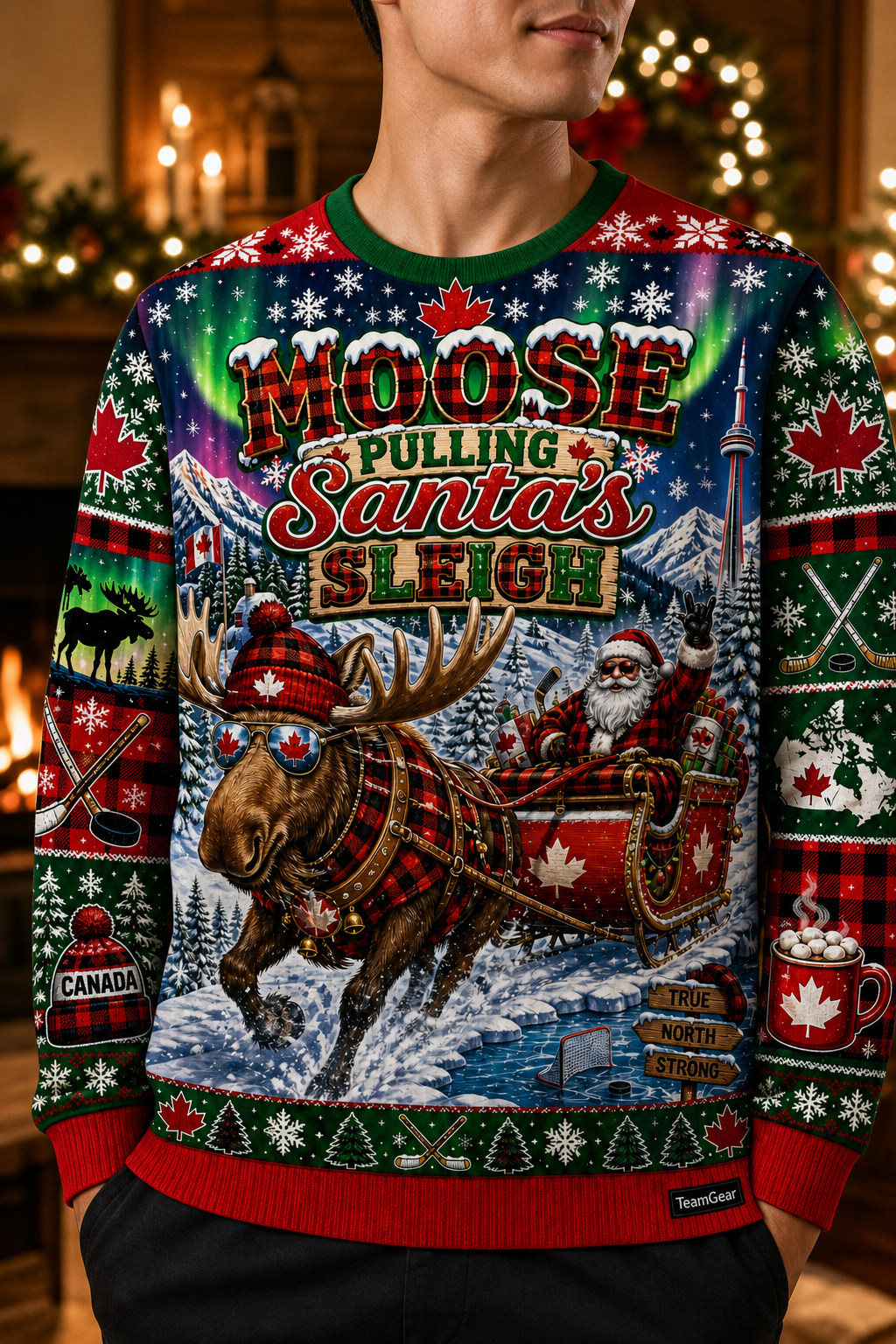 Moose Pulling Santa's Sleigh Ugly Christmas Sweater — custom christmas team apparel worn on model — TeamGear Canada