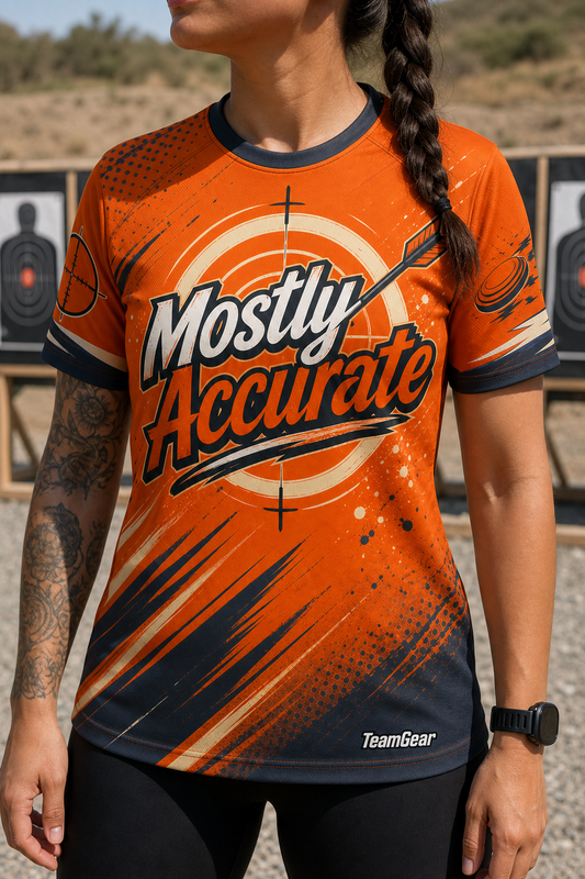 Mostly Accurate Orange Shooting Jersey — custom shooting jersey worn on model — TeamGear Canada