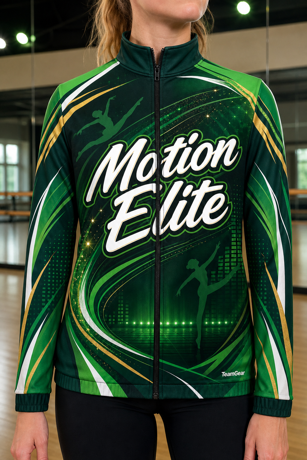 Motion Elite Green Dance Jacket — custom dance jacket worn on model — TeamGear Canada