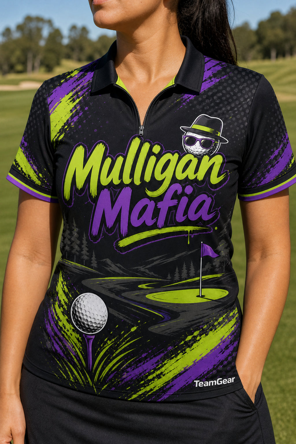 Mulligan Mafia Black Golf Polo — custom golf team apparel worn on model — TeamGear Canada