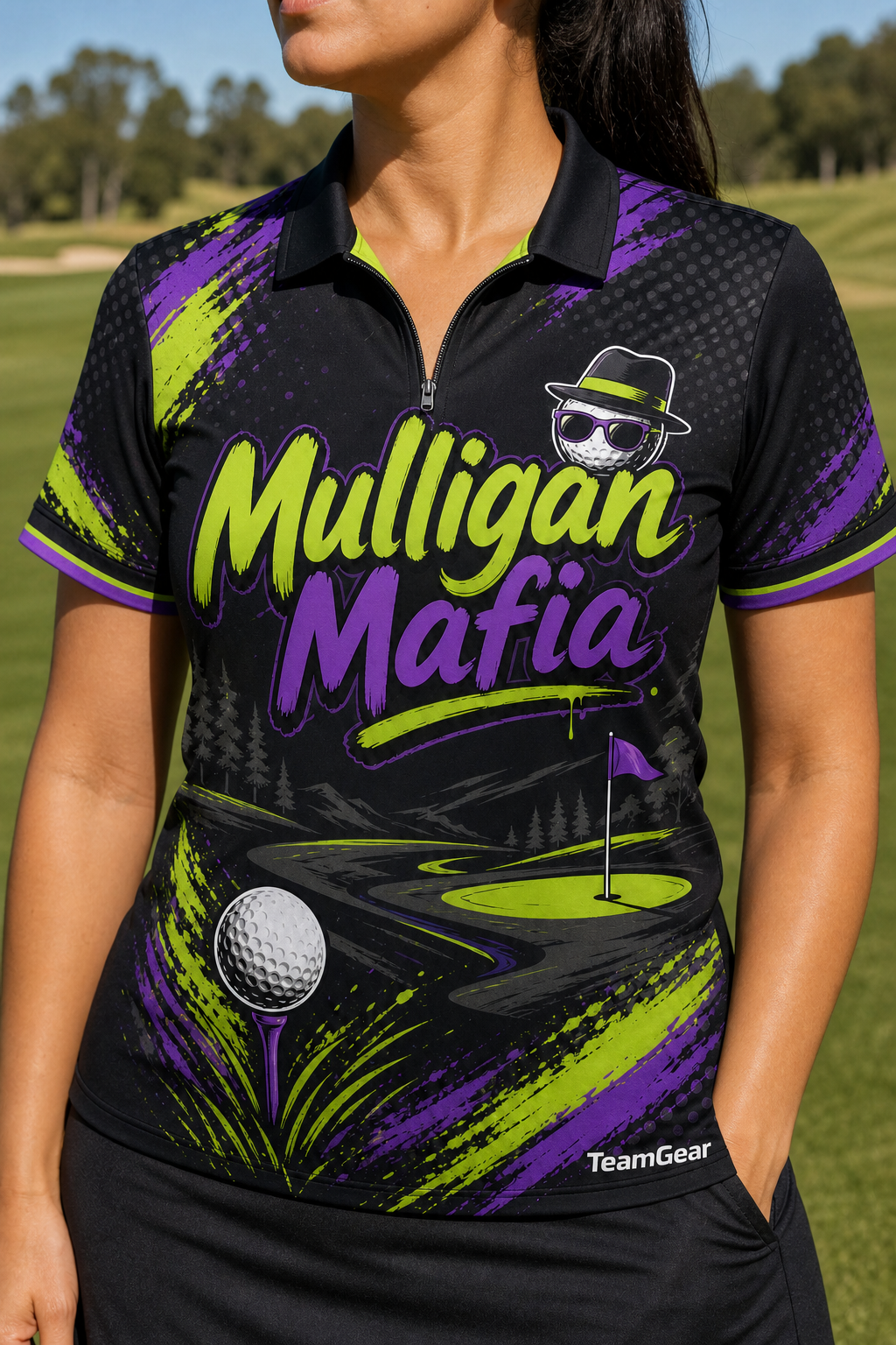 Mulligan Mafia Black Golf Polo — custom golf team apparel worn on model — TeamGear Canada