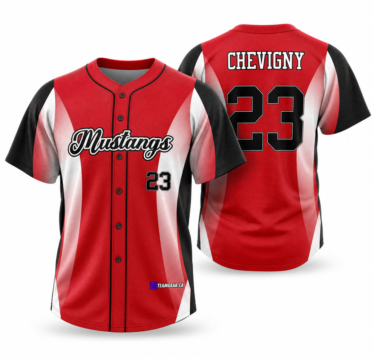Mustangs Red Baseball Jersey Full Button - front and back view