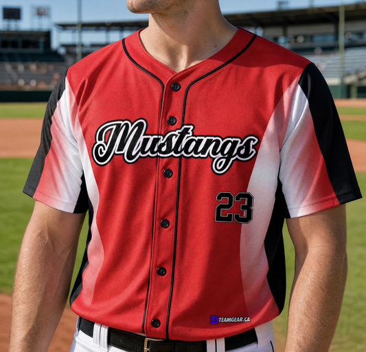 Mustangs Red Baseball Jersey Full Button — custom baseball jersey worn on model — TeamGear Canada