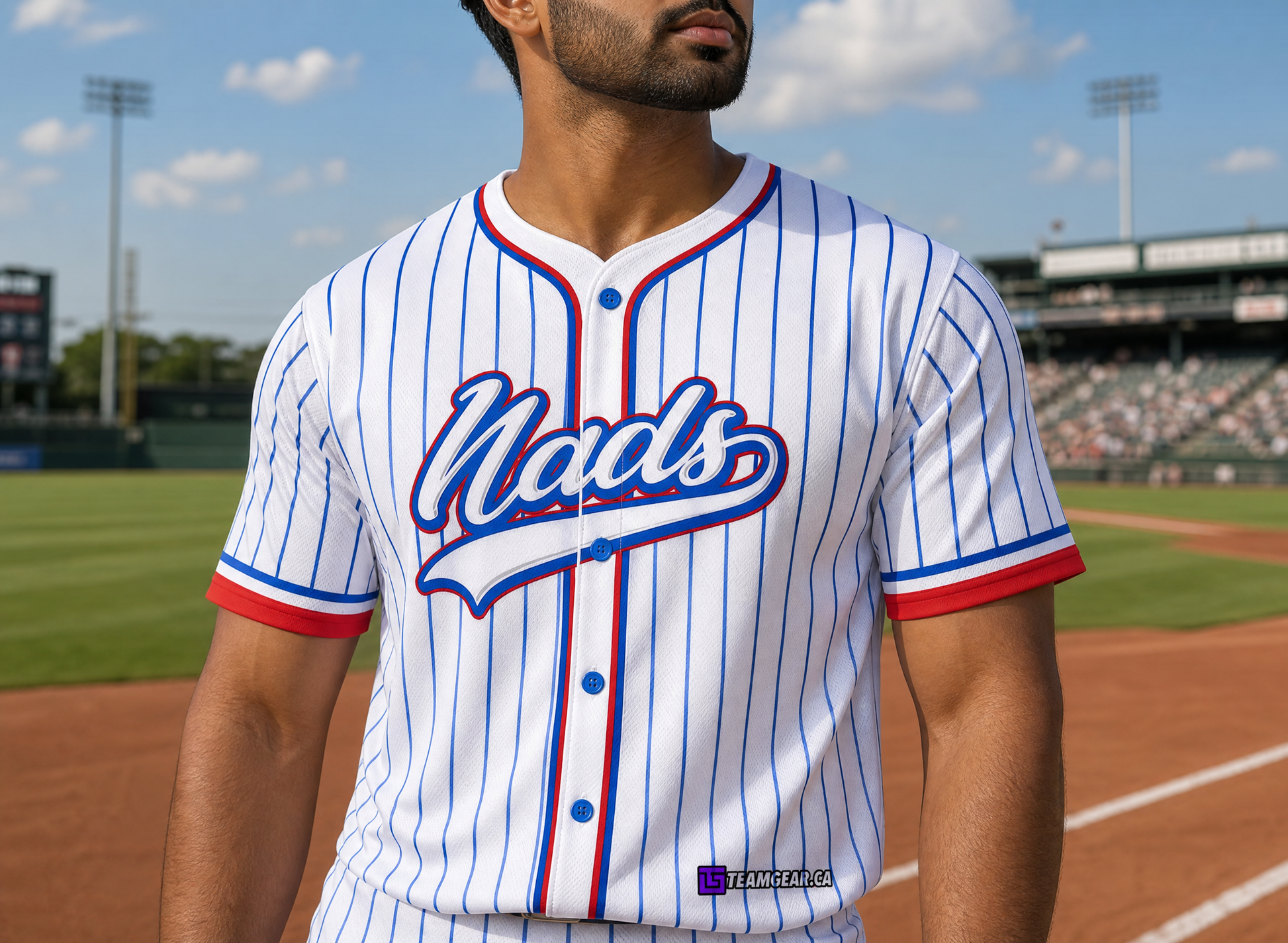 Nads Pinstripe Baseball Jersey Full Button — custom baseball jersey worn on model — TeamGear Canada