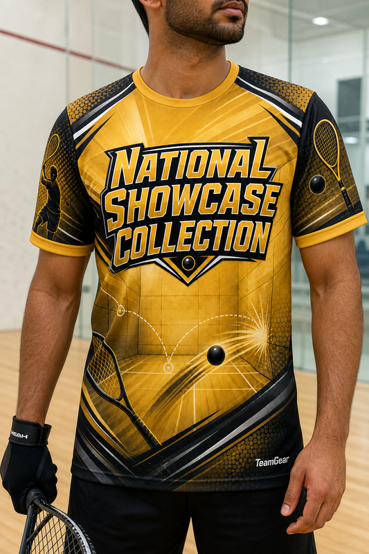 National Showcase Collection Gold Racquetball Jersey — custom racquetball jersey worn on model — TeamGear Canada