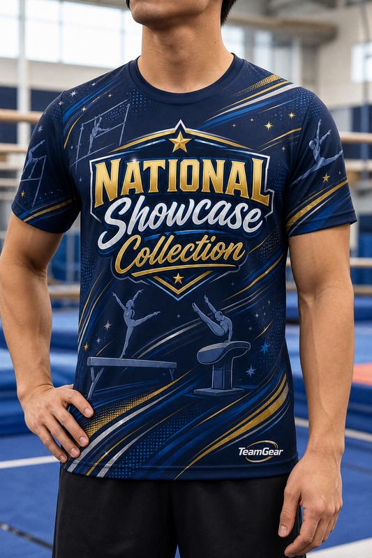 National Showcase Collection Navy Gymnastics Jersey — custom gymnastics jersey worn on model — TeamGear Canada