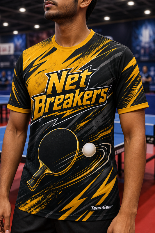 Net Breakers Gold Table Tennis Jersey — custom table tennis jersey worn on model — TeamGear Canada