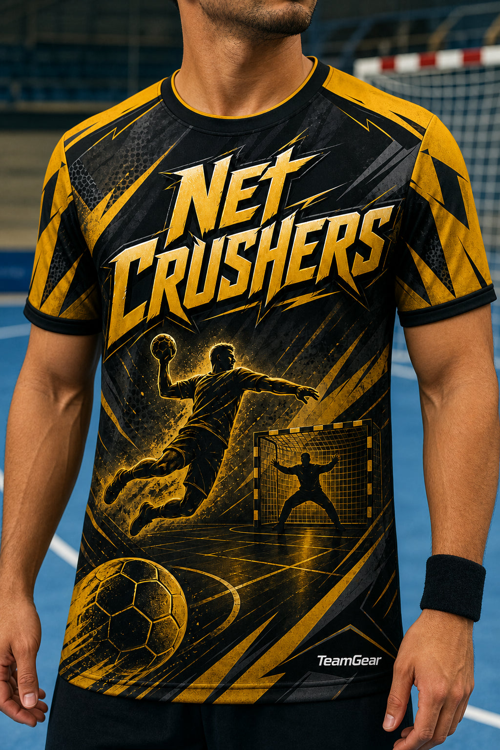 Net Crushers Gold Handball Jersey — custom handball jersey worn on model — TeamGear Canada