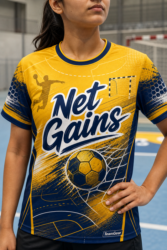 Net Gains Gold Handball Jersey — custom handball jersey worn on model — TeamGear Canada