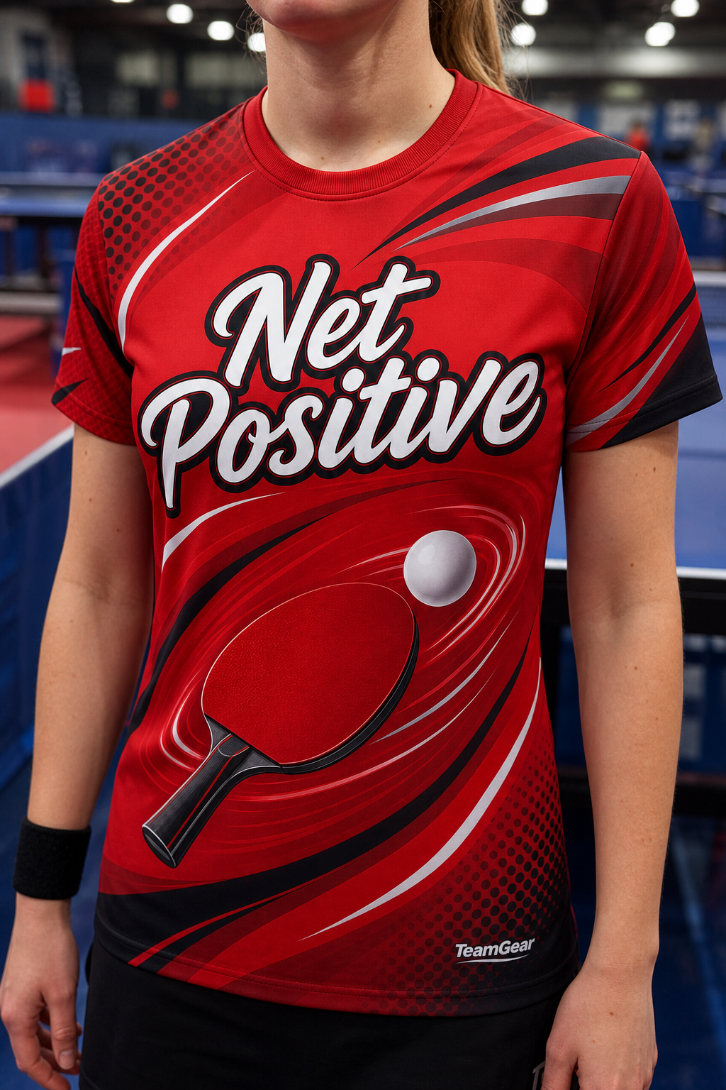 Net Positive Red Table Tennis Jersey — custom table tennis jersey worn on model — TeamGear Canada