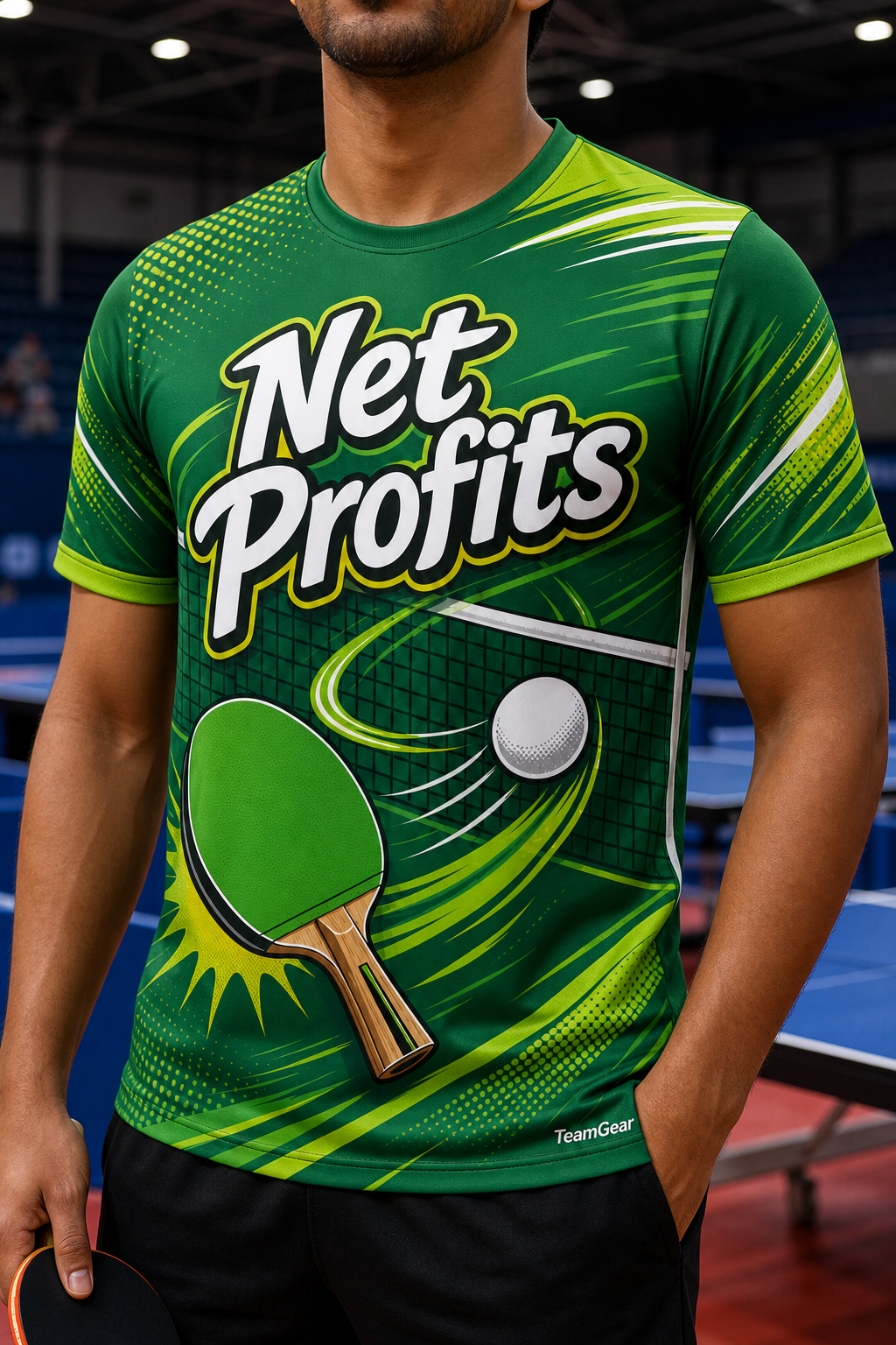 Net Profits Green Table Tennis Jersey — custom table tennis jersey worn on model — TeamGear Canada