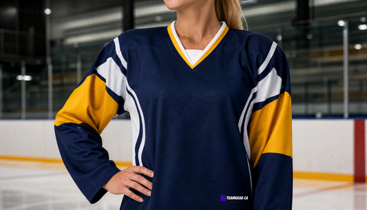 NHL Inspired Hockey Jersey: Buffalo Sabres Navy 2006-2010 — custom hockey jersey worn on model — TeamGear Canada