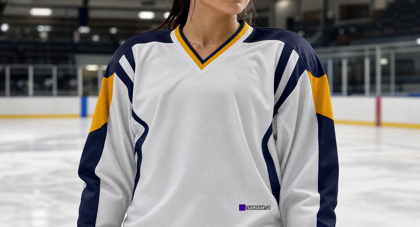 NHL Inspired Hockey Jersey: Buffalo Sabres White 2006-2010 — custom hockey jersey worn on model — TeamGear Canada