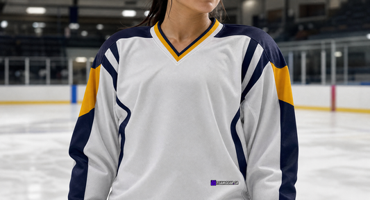 NHL Inspired Hockey Jersey: Buffalo Sabres White 2006-2010 — custom hockey jersey worn on model — TeamGear Canada