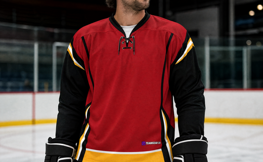 NHL Inspired Hockey Jersey: Calgary Flames Red 2007-2020 — custom hockey jersey worn on model — TeamGear Canada