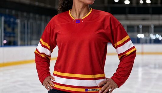 NHL Inspired Hockey Jersey: Calgary Flames Red — custom hockey jersey worn on model — TeamGear Canada