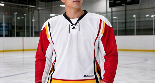 NHL Inspired Hockey Jersey: Calgary Flames White 2007-2020 — custom hockey jersey worn on model — TeamGear Canada