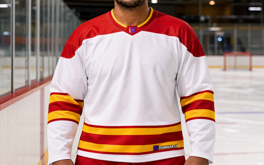 NHL Inspired Hockey Jersey: Calgary Flames White — custom hockey jersey worn on model — TeamGear Canada