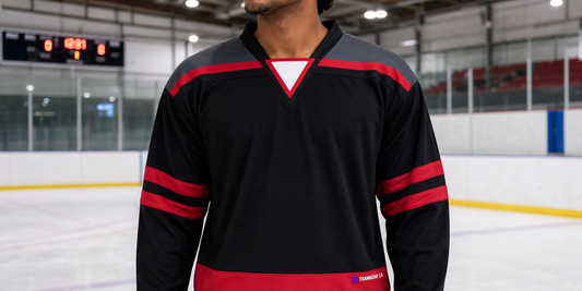 NHL Inspired Hockey Jersey: Carolina Hurricanes Black — custom hockey jersey worn on model — TeamGear Canada