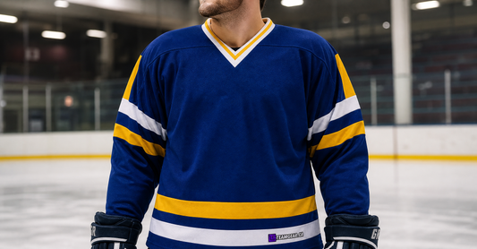 NHL Inspired Hockey Jersey: Charlestown Chiefs Blue — custom hockey jersey worn on model — TeamGear Canada