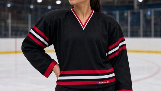 NHL Inspired Hockey Jersey: Chicago Blackhawks Black — custom hockey jersey worn on model — TeamGear Canada