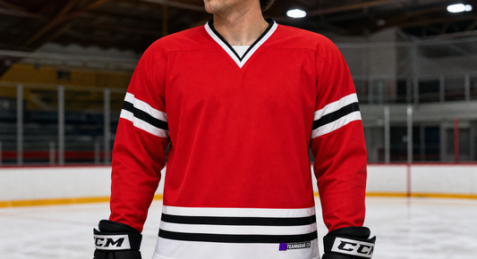 NHL Inspired Hockey Jersey: Chicago Blackhawks Red — custom hockey jersey worn on model — TeamGear Canada