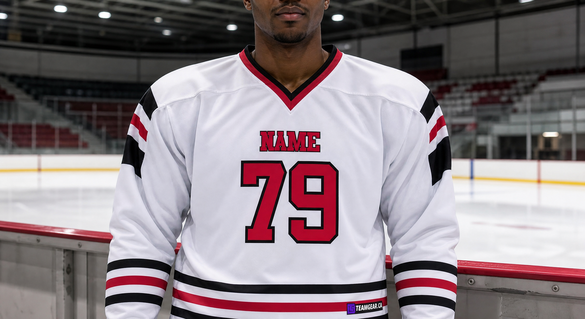 NHL Inspired Hockey Jersey: Chicago Blackhawks White — custom hockey jersey worn on model — TeamGear Canada