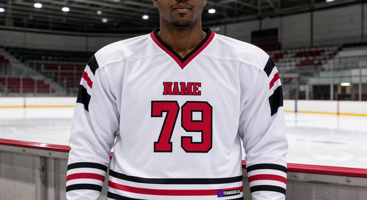 NHL Inspired Hockey Jersey: Chicago Blackhawks White — custom hockey jersey worn on model — TeamGear Canada