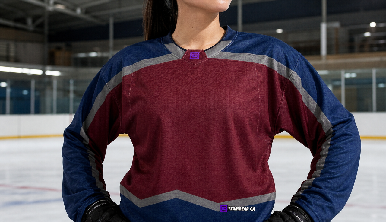 NHL Inspired Hockey Jersey: Colorado Avalanche Away — custom hockey jersey worn on model — TeamGear Canada