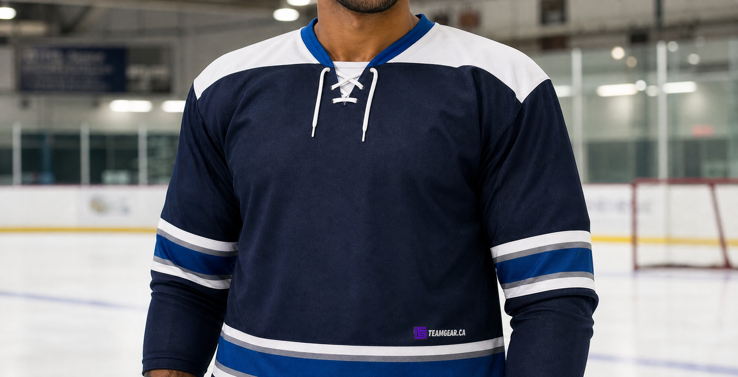 NHL Inspired Hockey Jersey: Columbus Blue Jackets 3rd Alternate — custom hockey jacket worn on model — TeamGear Canada