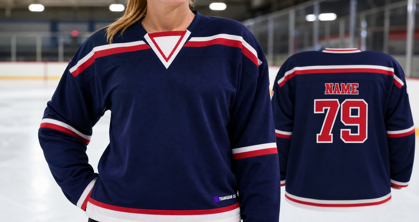 NHL Inspired Hockey Jersey: Columbus Blue Jackets Navy — custom hockey jacket worn on model — TeamGear Canada