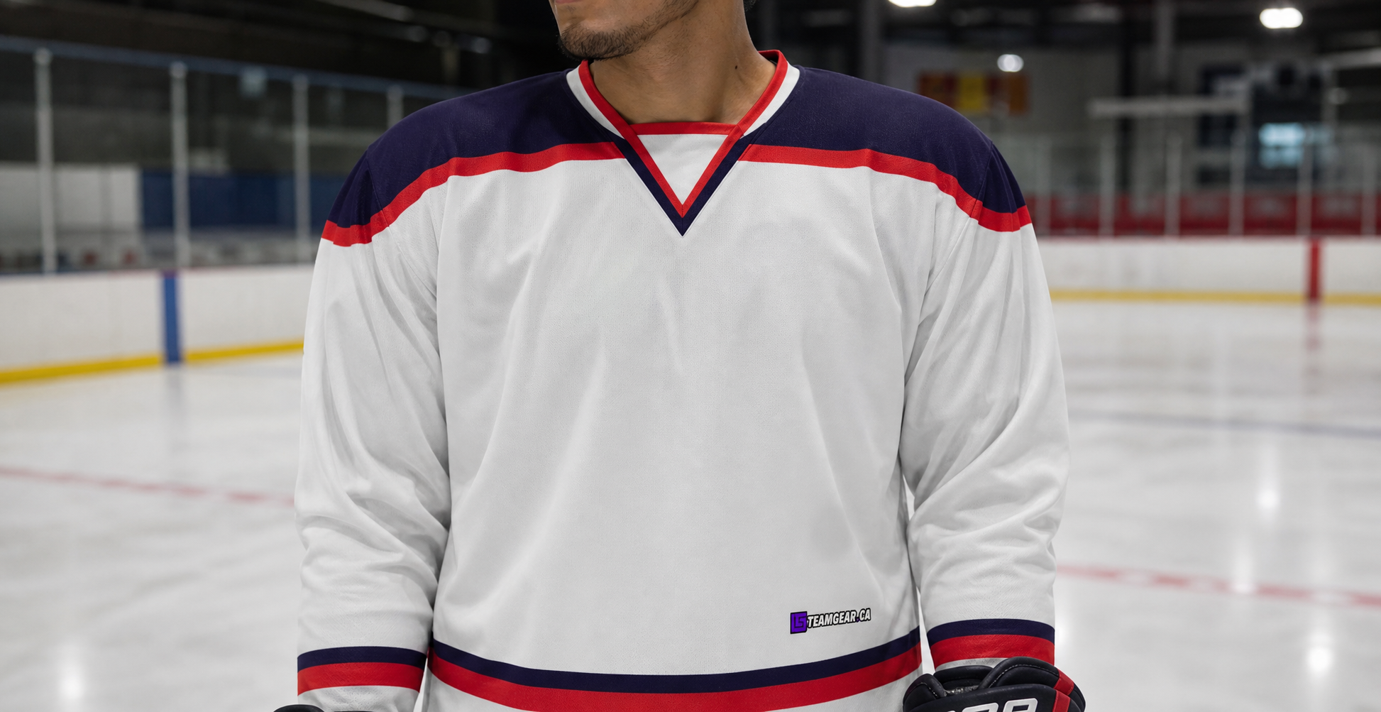 NHL Inspired Hockey Jersey: Columbus Blue Jackets White — custom hockey jacket worn on model — TeamGear Canada
