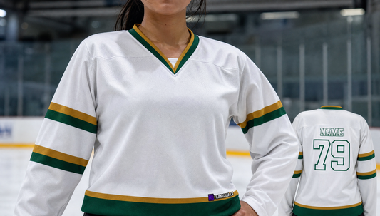 NHL Inspired Hockey Jersey: Dallas Stars 2007-2013 White — custom hockey jersey worn on model — TeamGear Canada