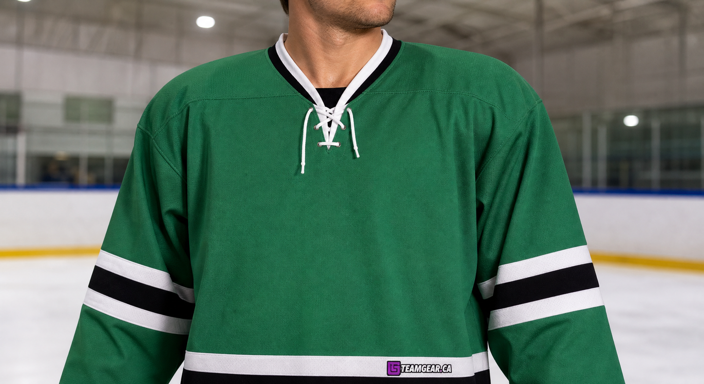 NHL Inspired Hockey Jersey: Dallas Stars Green — custom hockey jersey worn on model — TeamGear Canada