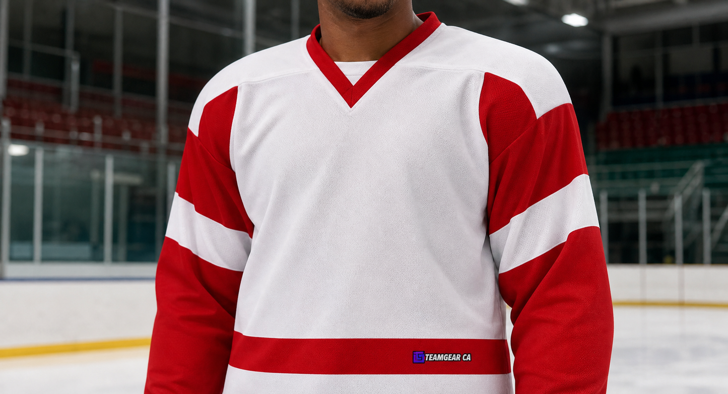 NHL Inspired Hockey Jersey: Detroit Red Wings White — custom hockey jersey worn on model — TeamGear Canada