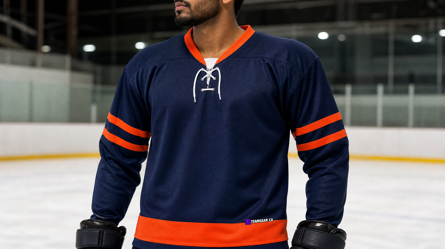 NHL Inspired Hockey Jersey: Edmonton Oilers Navy — custom hockey jersey worn on model — TeamGear Canada