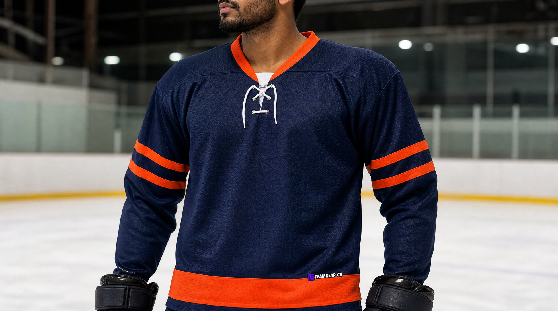 NHL Inspired Hockey Jersey: Edmonton Oilers Navy — custom hockey jersey worn on model — TeamGear Canada