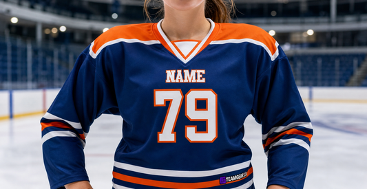 NHL Inspired Hockey Jersey: Edmonton Oilers Royal Blue — custom hockey jersey worn on model — TeamGear Canada