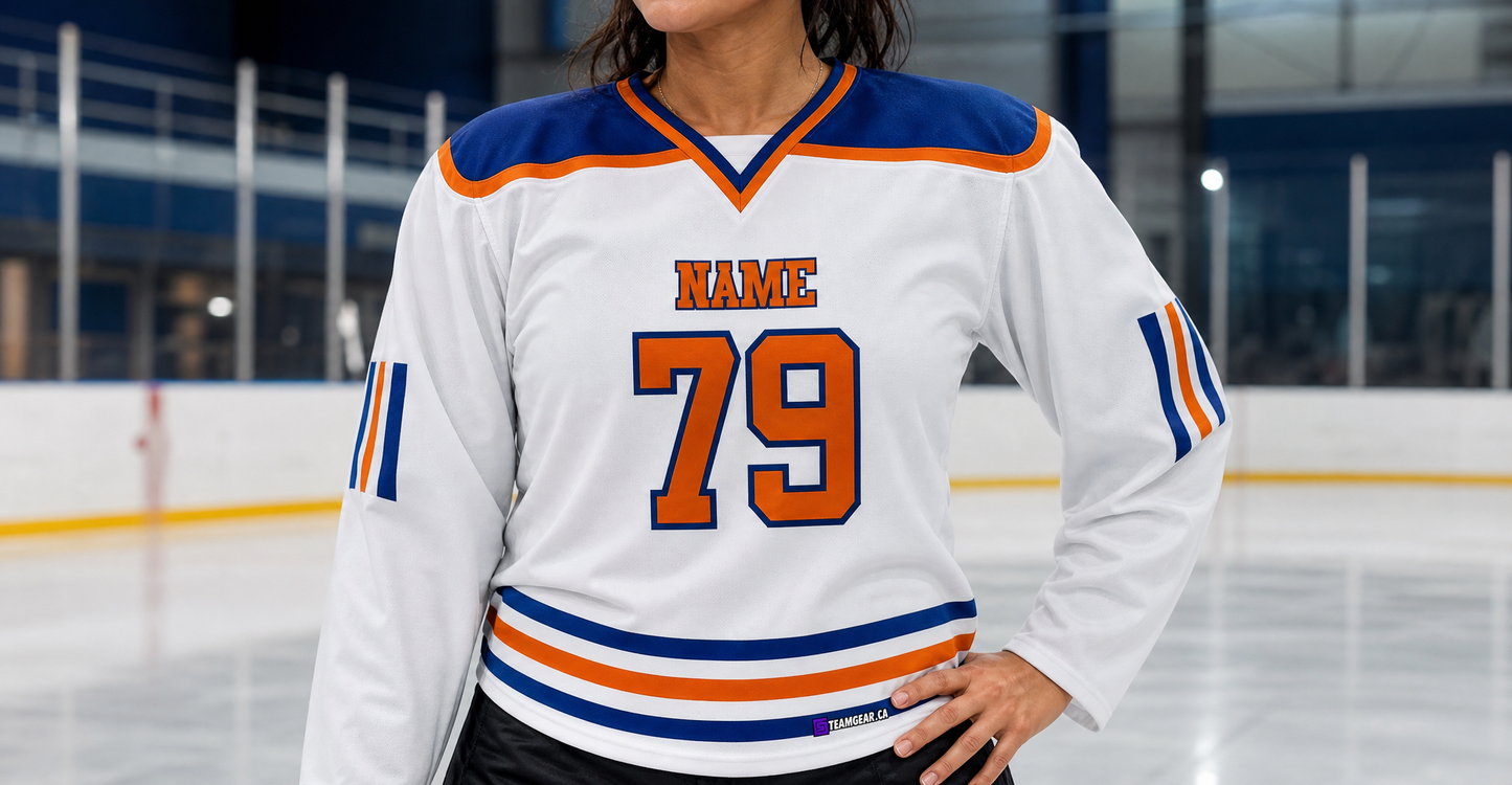 NHL Inspired Hockey Jersey: Edmonton Oilers White — custom hockey jersey worn on model — TeamGear Canada