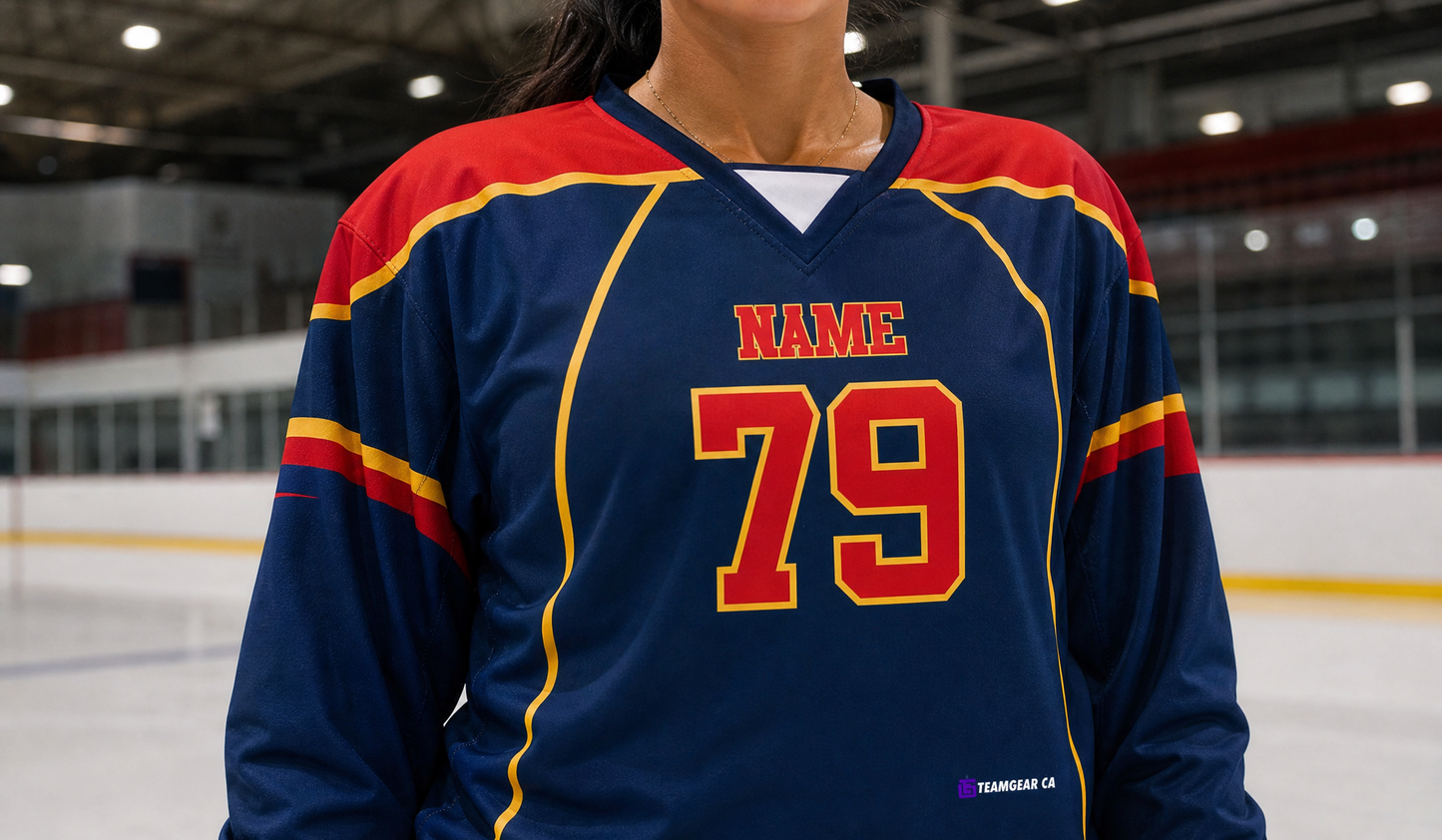 NHL Inspired Hockey Jersey: Florida Panthers Navy 2007-2011 — custom hockey jersey worn on model — TeamGear Canada