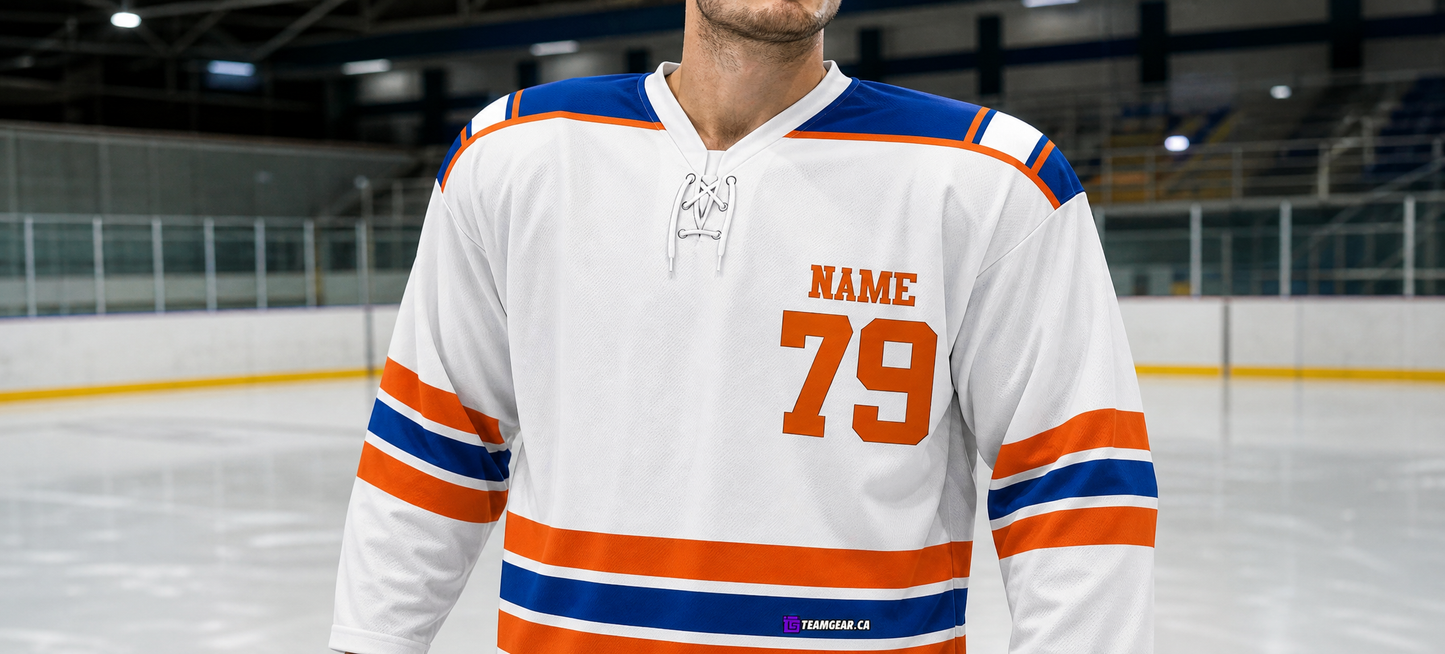 NHL Inspired Hockey Jersey: Halifax Highlanders White — custom hockey jersey worn on model — TeamGear Canada