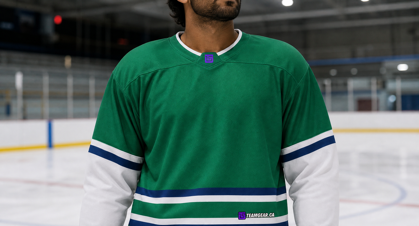 NHL Inspired Hockey Jersey: Hartford Whalers Kelly Green — custom hockey jersey worn on model — TeamGear Canada
